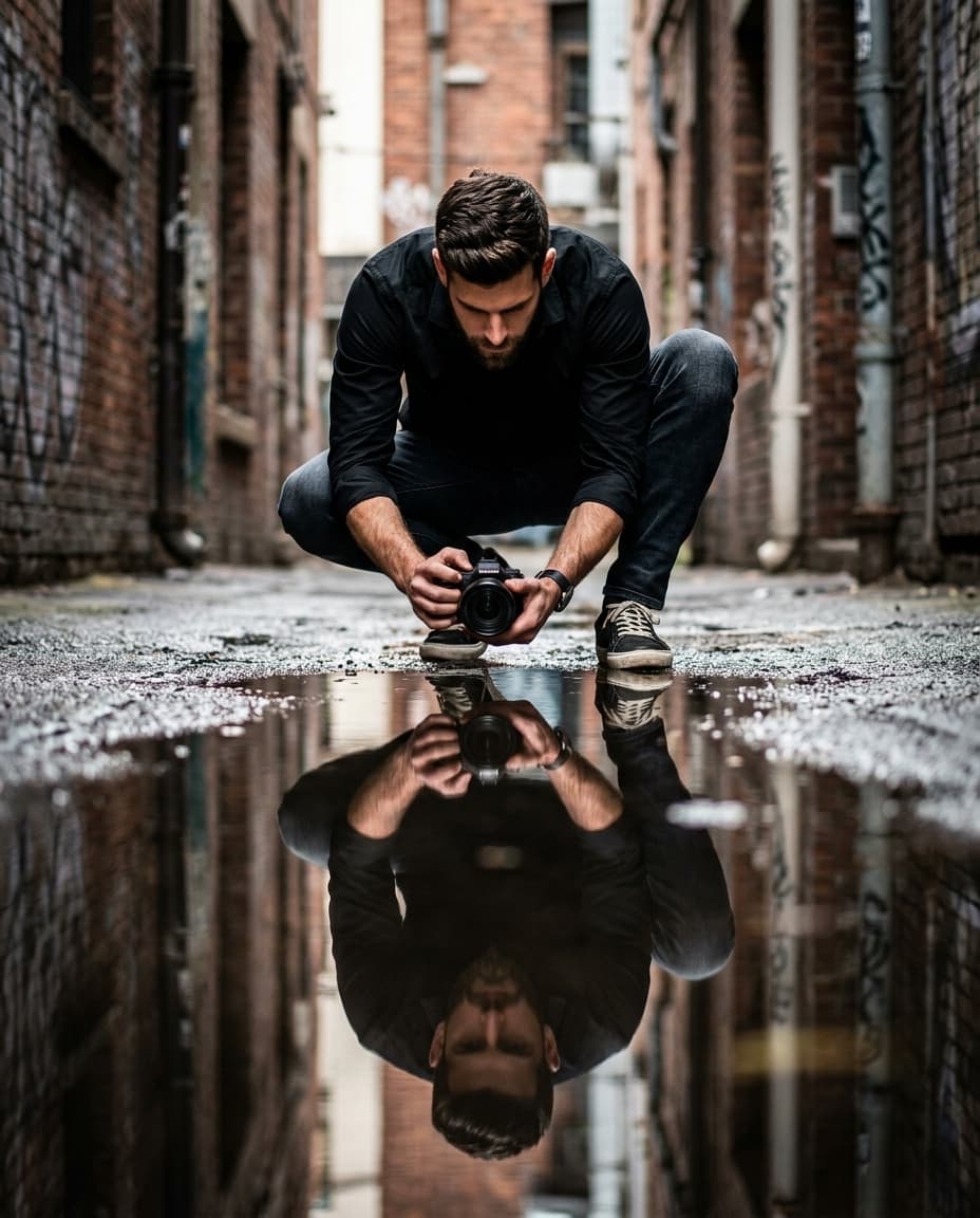 Urban Alley Puddle Reflection Portrait
