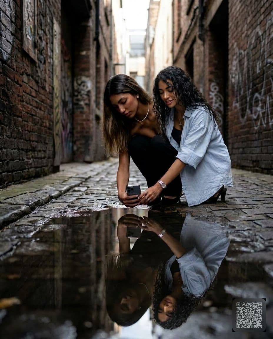 Urban Alley Puddle Reflection Portrait — Add Someone