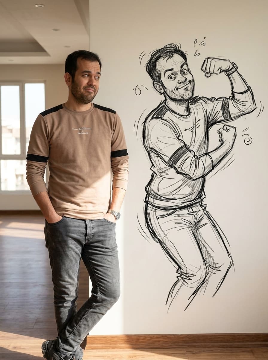 Hand-Drawn Charcoal Alter-Ego on the Wall