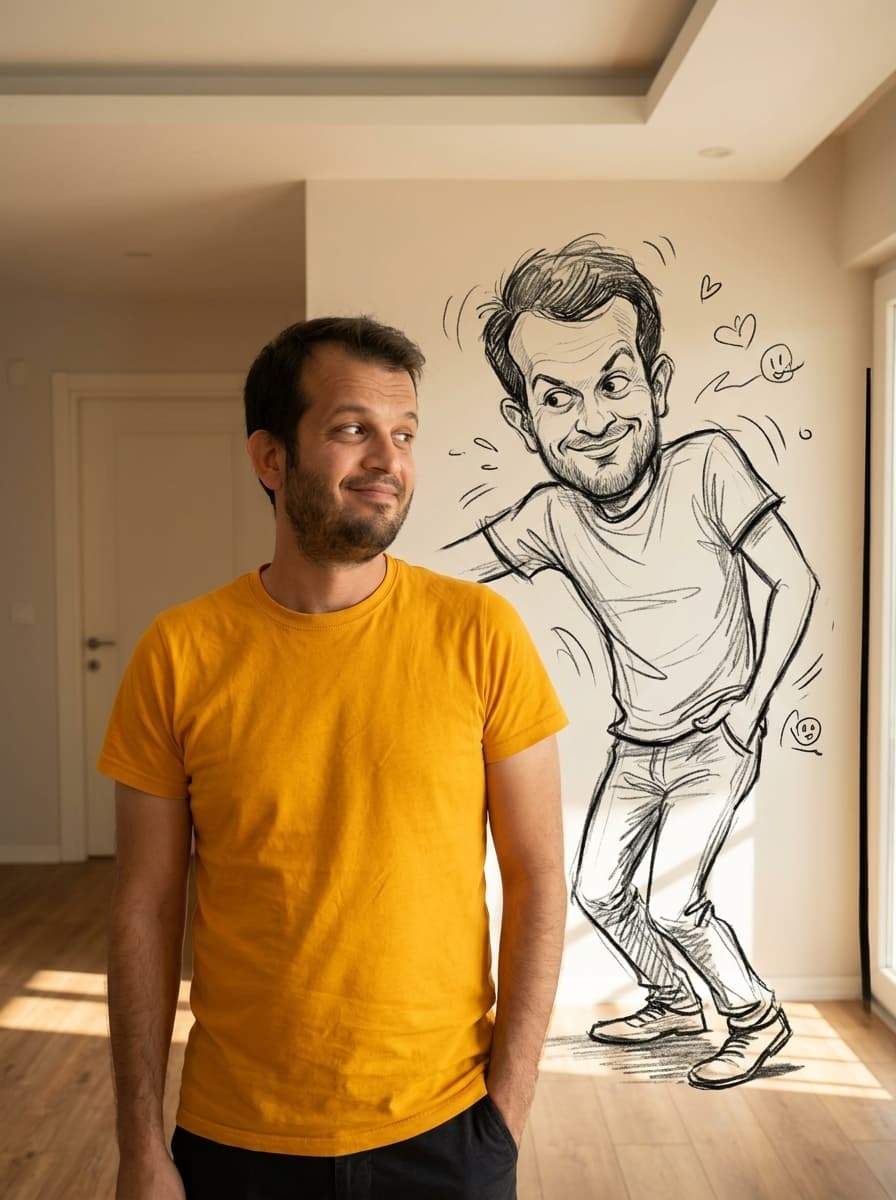Hand-Drawn Charcoal Alter-Ego on the Wall